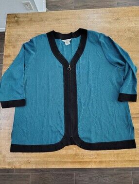 Exclusively Misook Teal & Black Trim Full Zip Cardigan Sweater Made In Korea VTG